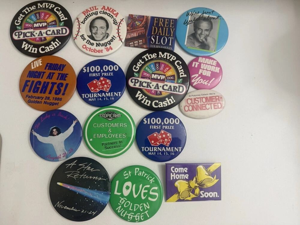 Vintage Pinback Button Lot 16 Casino Golden Nugget Promo Advertising Event Pins